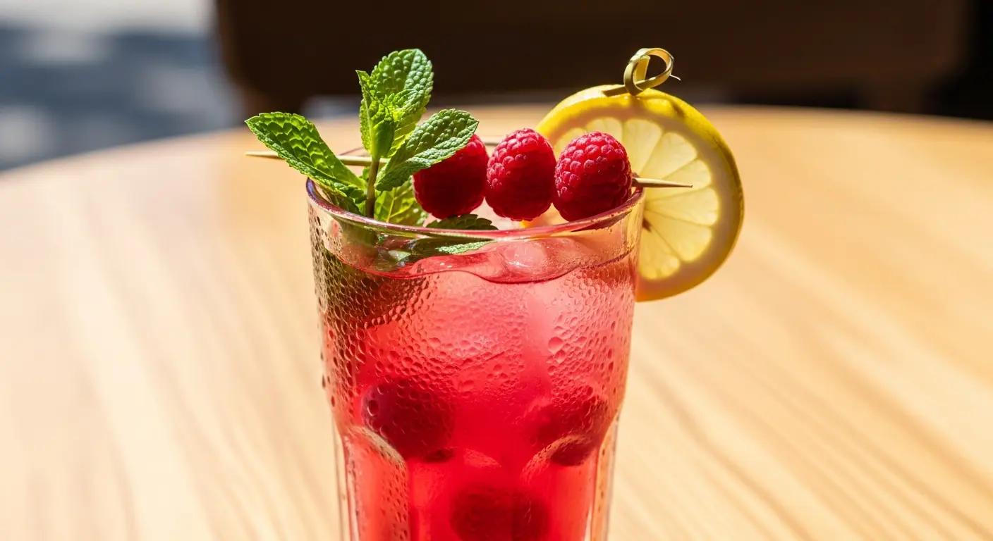 Tall glass of bright pink raspberry lemonade with fresh raspberries, mint, and lemon on the rim.