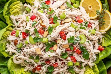 Overhead view of a colorful rotisserie chicken salad with celery, peppers, and almonds in a bowl.