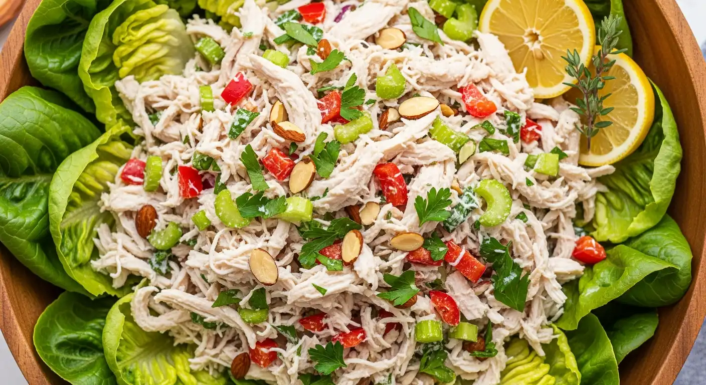 Overhead view of a colorful rotisserie chicken salad with celery, peppers, and almonds in a bowl.