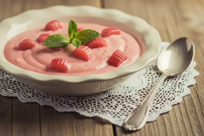 A ceramic dish of creamy pink rhubarb custard with stewed rhubarb, vintage styling.