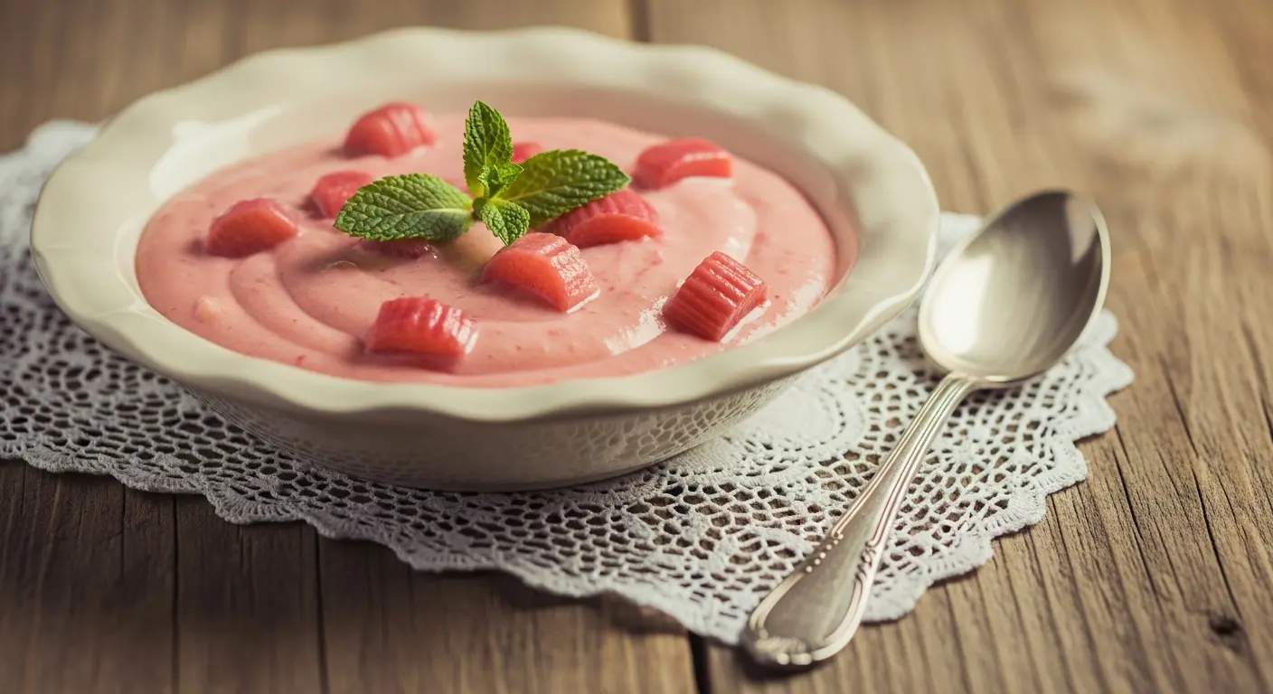 A ceramic dish of creamy pink rhubarb custard with stewed rhubarb, vintage styling.