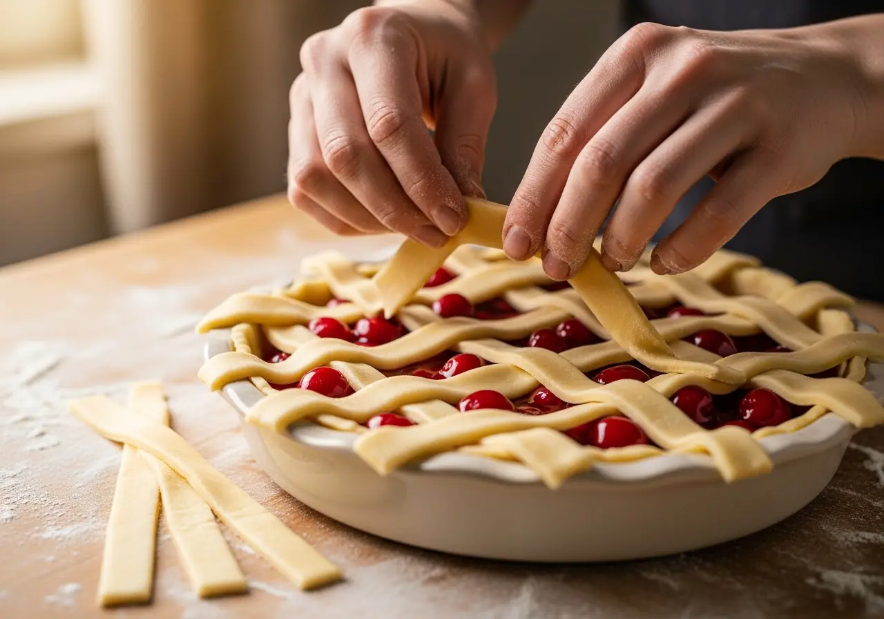 Hands weaving pie dough strips into a lattice crust over a cherry filling.