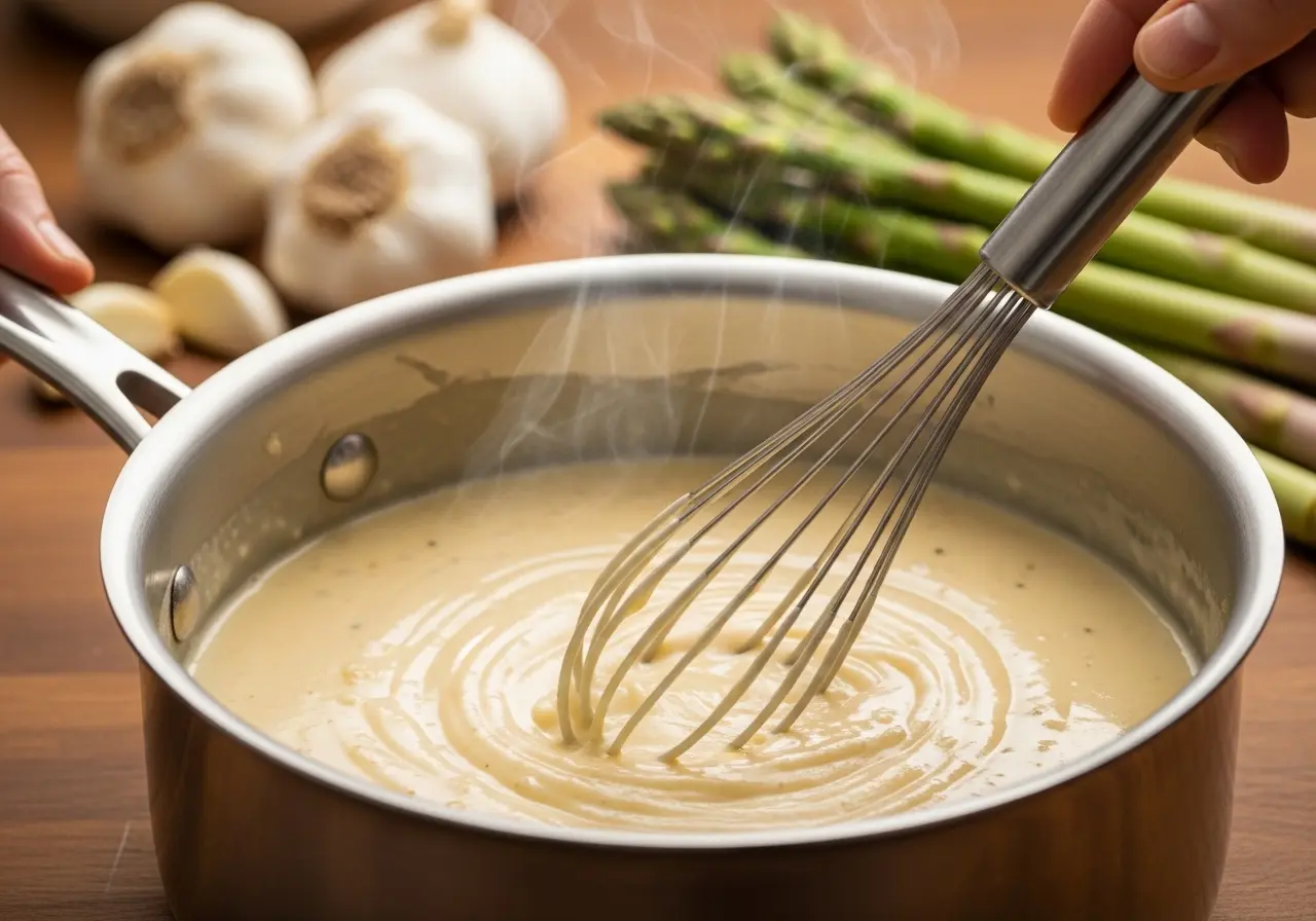 Hands whisking a smooth, creamy alfredo sauce in a stainless steel saucepan with Parmesan cheese melting in.