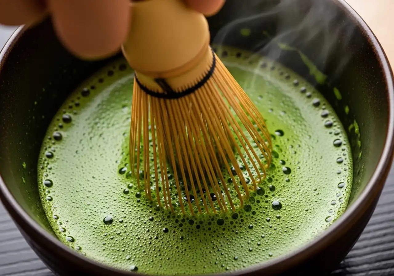Hands whisking vibrant green matcha powder and water in a ceramic bowl with a traditional bamboo whisk.