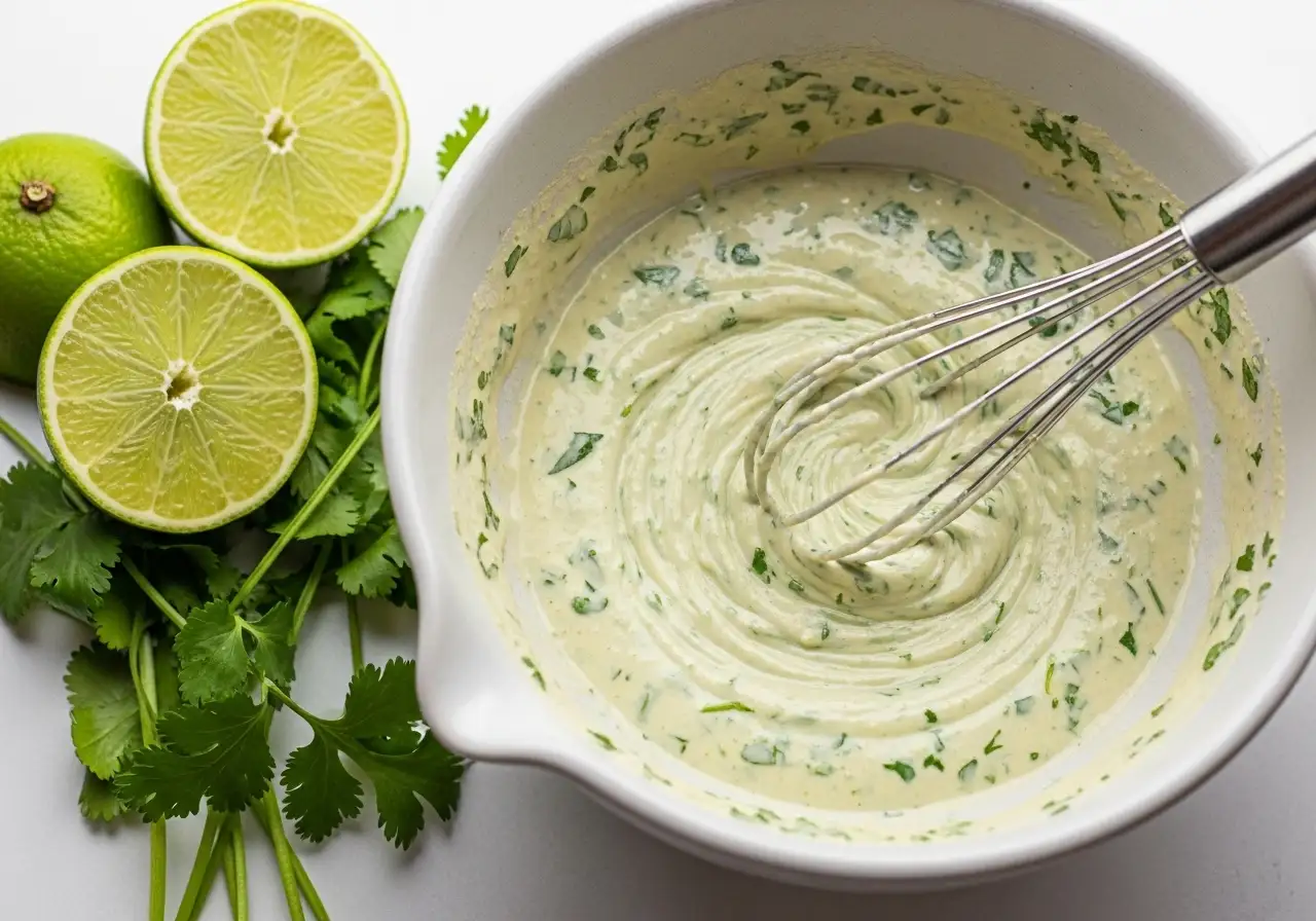 Hands whisking together tahini, lime juice, and cilantro in a ceramic bowl to make creamy dressing.