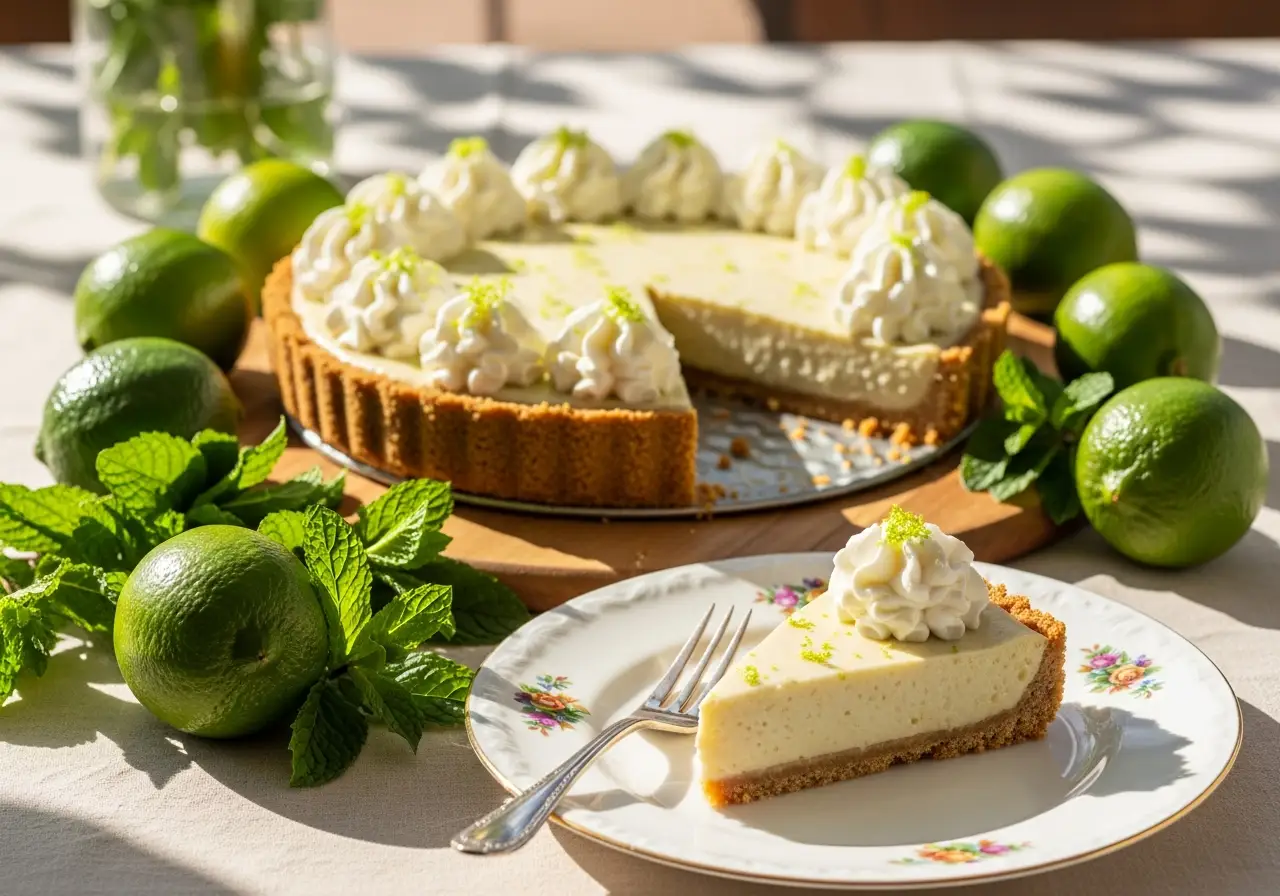 A whole key lime pie with graham crust served on a wooden board with fresh limes for a spring dessert.