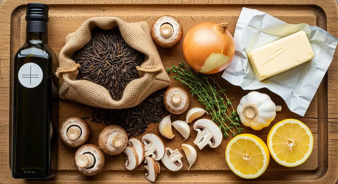 Fall ingredients for wild rice and mushroom dish: wild rice, mushrooms, onion, garlic, and herbs.