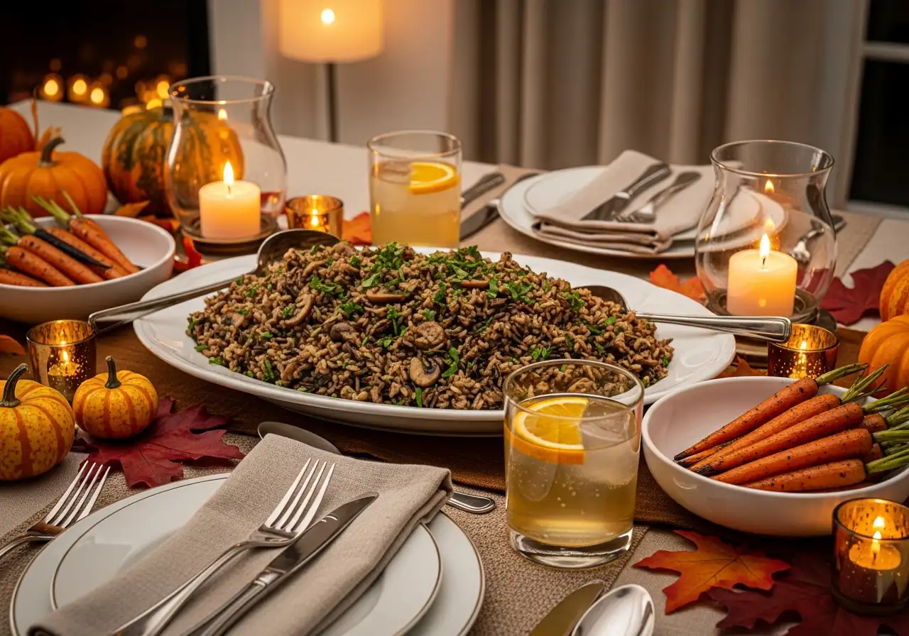 Hearty platter of wild rice and sautéed mushrooms served as a main course for a fall dinner.