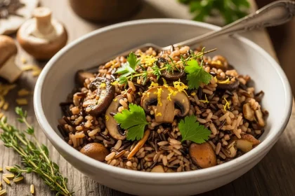Close-up of a rustic bowl filled with wild rice, earthy sautéed mushrooms, and fresh herbs.