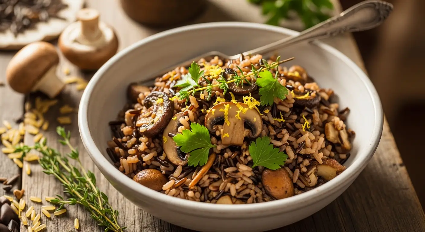 Close-up of a rustic bowl filled with wild rice, earthy sautéed mushrooms, and fresh herbs.