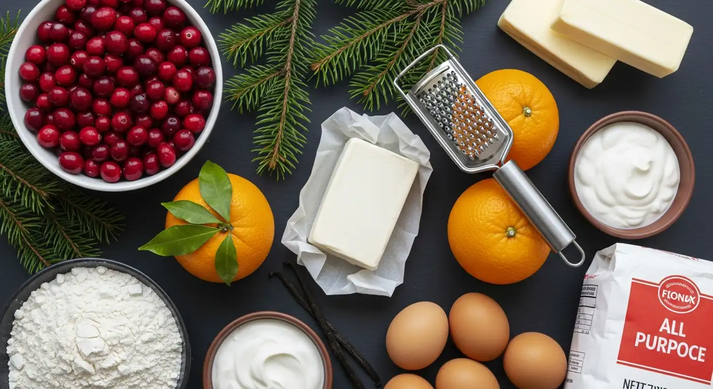 Fresh winter ingredients for baking: cranberries, oranges, cream cheese, butter, and spices.