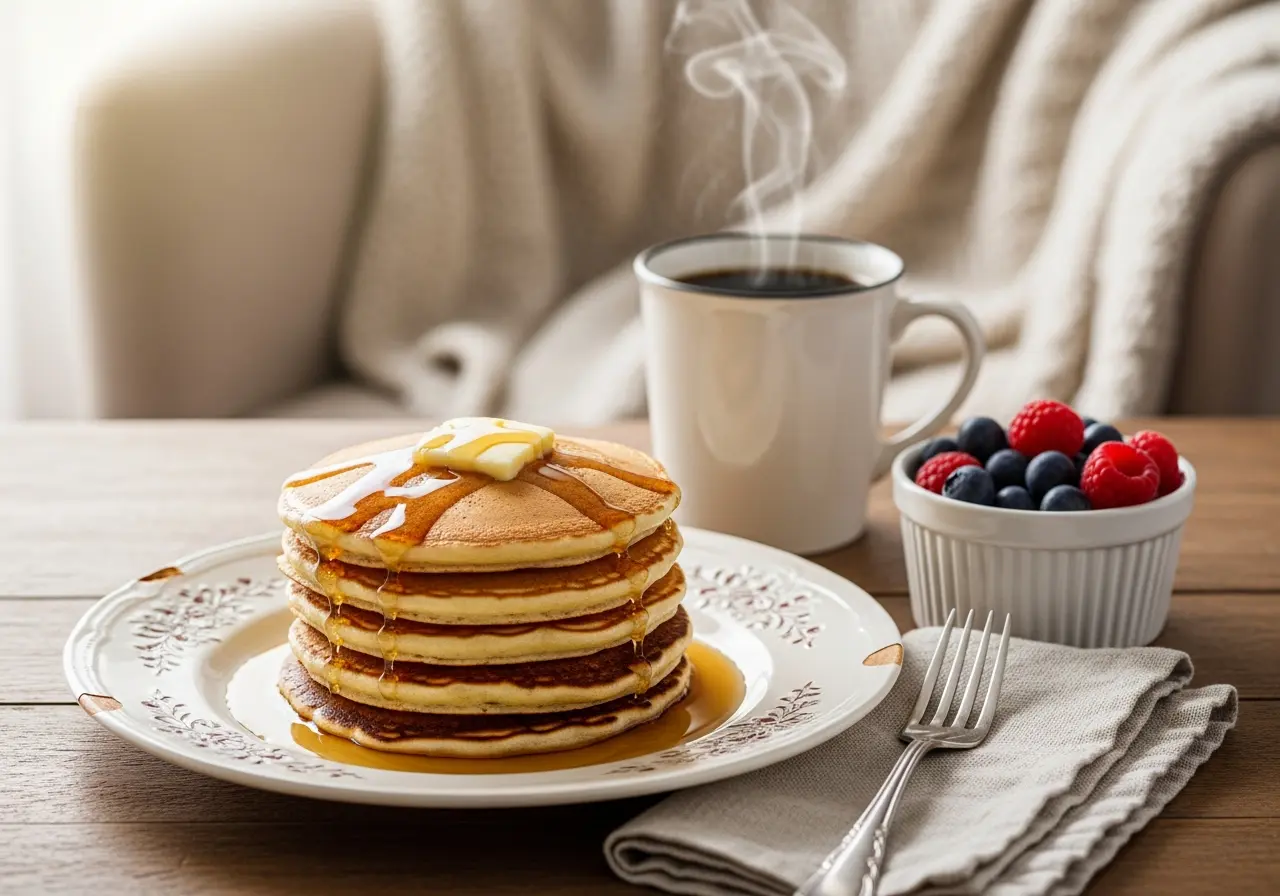 A stack of pancakes served with fresh berries and coffee on a cozy winter morning.