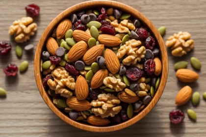 Colorful homemade trail mix with almonds, walnuts, seeds, cranberries, and chocolate in a rustic bowl.