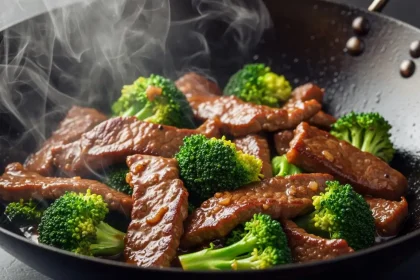 Close-up of beef and broccoli stir fry sizzling in a hot wok with steam rising, showing a glossy sauce.