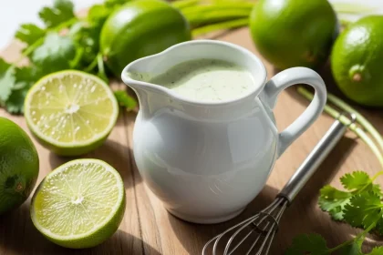 A small ceramic pitcher filled with creamy green cilantro lime tahini dressing, surrounded by fresh limes and cilantro sprigs.