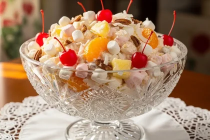 A beautiful vintage glass bowl filled with classic ambrosia salad featuring pineapple, mandarin oranges, marshmallows, coconut, and cherries.