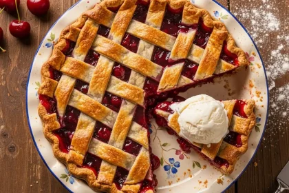 Overhead view of a golden lattice cherry pie with a slice cut showing thick red filling and vanilla ice cream.