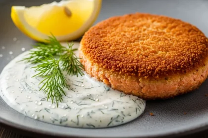 Close-up of a golden crispy salmon patty on a dark plate with creamy dill sauce, lemon, and fresh dill garnish.