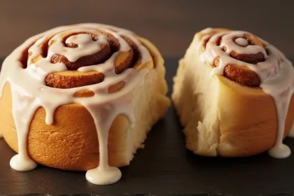 Close-up of a warm, fluffy cinnamon roll with melting cream cheese icing, pulled apart to show soft interior.