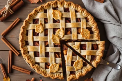 Golden brown apple pie with a flaky cinnamon crust, a slice lifted to show spiced apple filling.