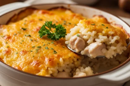 Golden brown and bubbly chicken rice casserole in a dish, showing creamy interior with tender chicken, rice, and melted cheese.