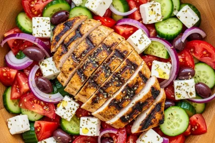 Overhead shot of a vibrant Greek salad bowl with fresh vegetables, feta, and grilled chicken on top.