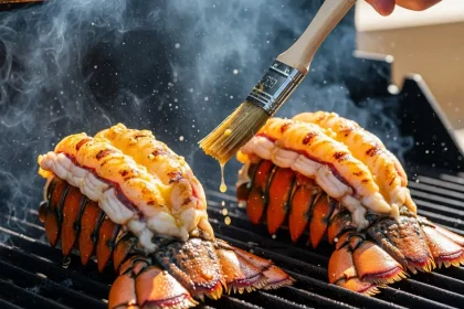 Lobster tails with clear grill marks being basted with garlic butter on a hot barbecue grill.