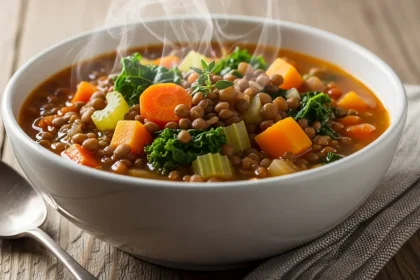 Close-up of a rustic bowl filled with thick, chunky vegan lentil and vegetable soup with kale and carrots.