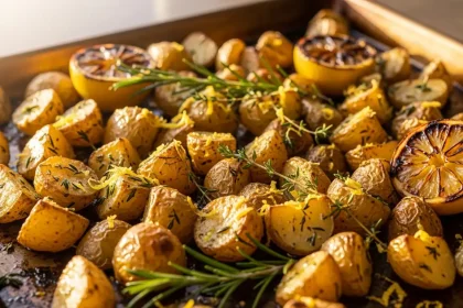 Close-up of golden, crispy roasted potatoes with fresh herbs and lemon on a baking sheet.