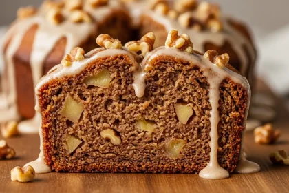 Close-up of a thick slice of moist apple fritter bread with apple chunks, walnuts, and cinnamon glaze.