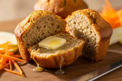 Warm, golden brown Morning Glory muffin sliced open with butter melting, revealing carrots and apples inside.