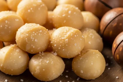 Extreme close-up of golden roasted macadamia nuts coated with sea salt crystals on a rustic wood surface.