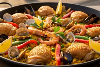 A beautiful traditional Spanish paella in a black pan filled with golden rice, chicken thighs, shrimp, mussels, clams, and peas.