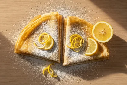 Overhead shot of thin, folded sweet crepes dusted with powdered sugar and garnished with lemon.