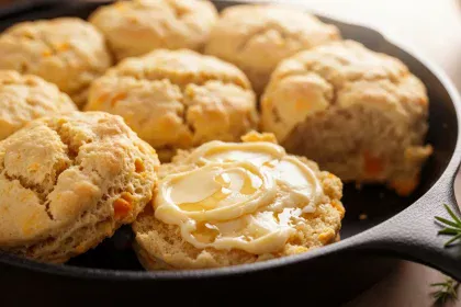 Cast-iron skillet of sweet potato biscuits with one split open and melting maple butter.