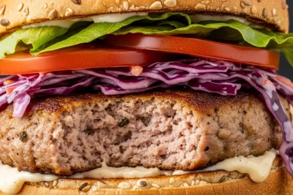 A turkey burger on a bun topped with fresh lettuce, tomato, and colorful coleslaw.