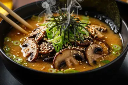 Bowl of vegan ramen with assorted mushrooms, nori, and green onions in savory miso broth.