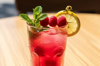 Tall glass of bright pink raspberry lemonade with fresh raspberries, mint, and lemon on the rim.