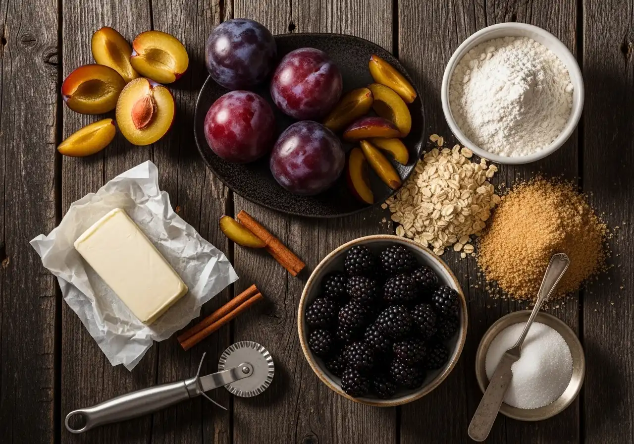Ingredients for fruit crisp: ripe plums, fresh blackberries, flour, oats, brown sugar, butter, and cinnamon on wood.