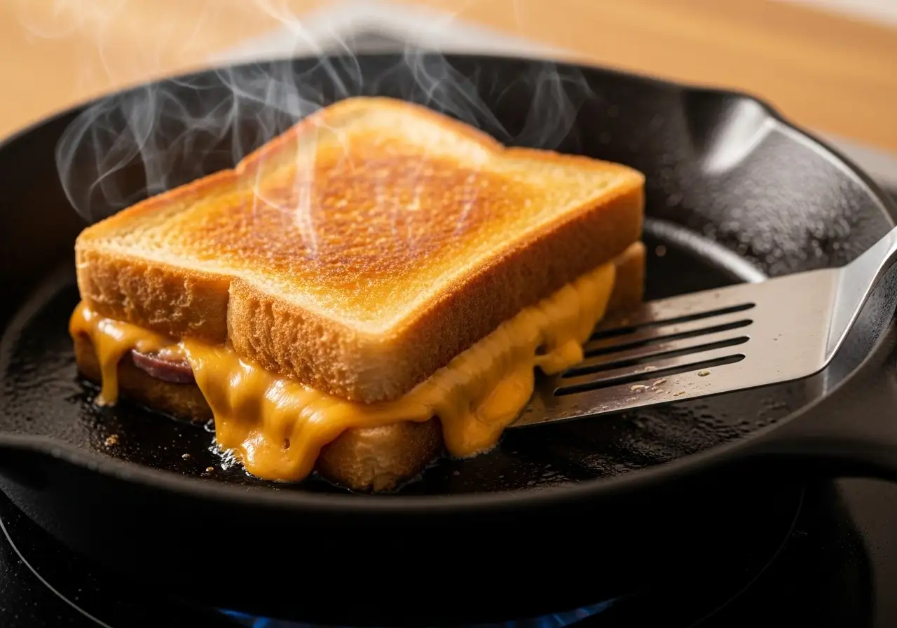 Golden vegan grilled cheese sandwich cooking in a cast iron skillet with melting vegan cheese visible at the edges.