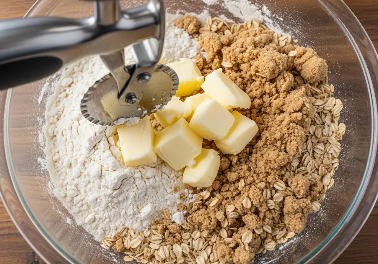 Hands mixing cold butter into flour and oats with a pastry cutter to create crumbly crisp topping.