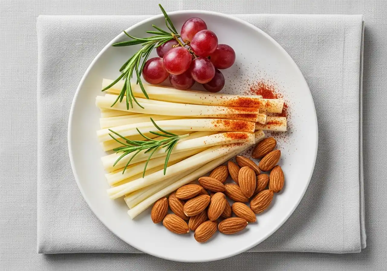 A beautiful snack plate with peeled string cheese strips, crunchy almonds, fresh grapes, and rosemary garnish.