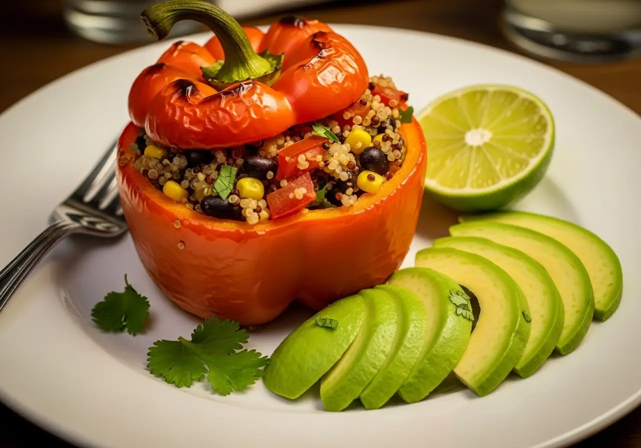 A single stuffed bell pepper on a plate with sliced avocado, lime wedge, and fresh cilantro garnish.