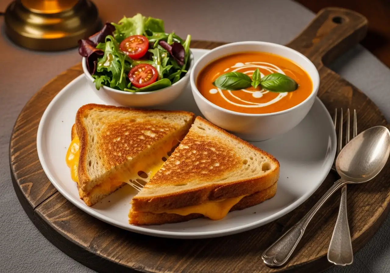 A comforting meal of vegan grilled cheese sandwich, creamy tomato soup, and a small fresh side salad on a wooden board.