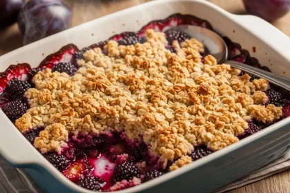 A golden-brown plum and blackberry crisp in a ceramic baking dish, bubbling fruit filling with buttery oat topping.