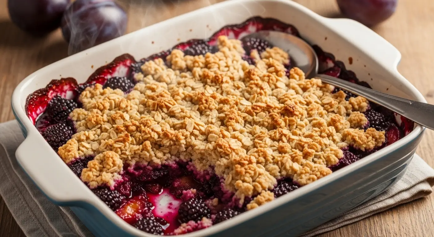 A golden-brown plum and blackberry crisp in a ceramic baking dish, bubbling fruit filling with buttery oat topping.