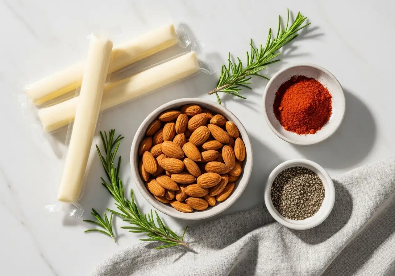 Ingredients for healthy snack: mozzarella string cheese sticks, raw almonds, smoked paprika, and fresh rosemary on marble.