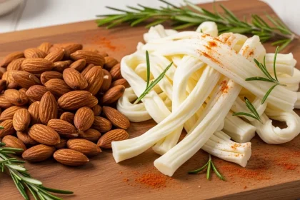 Peeled string cheese strips and crunchy almonds arranged on a rustic wooden board with fresh rosemary, a healthy low-carb snack.
