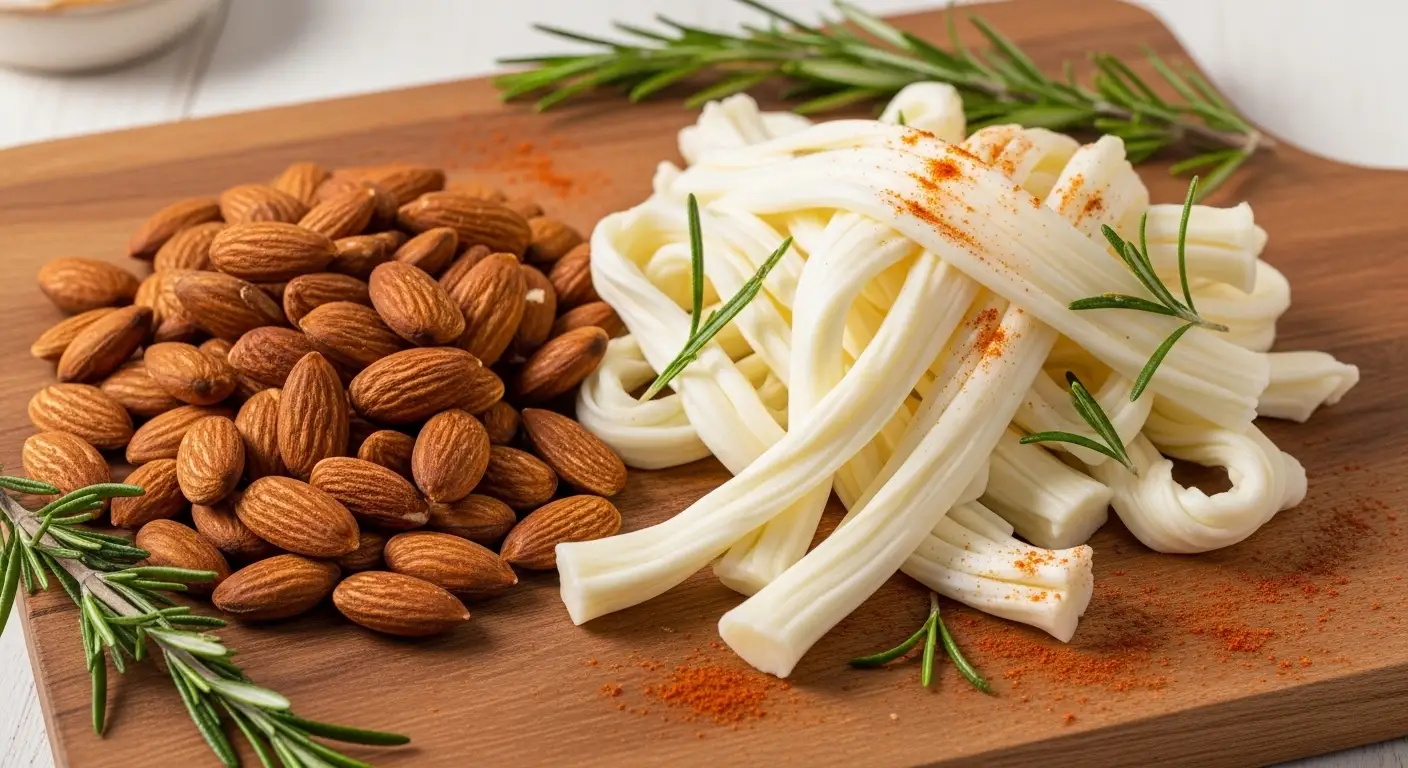 Peeled string cheese strips and crunchy almonds arranged on a rustic wooden board with fresh rosemary, a healthy low-carb snack.