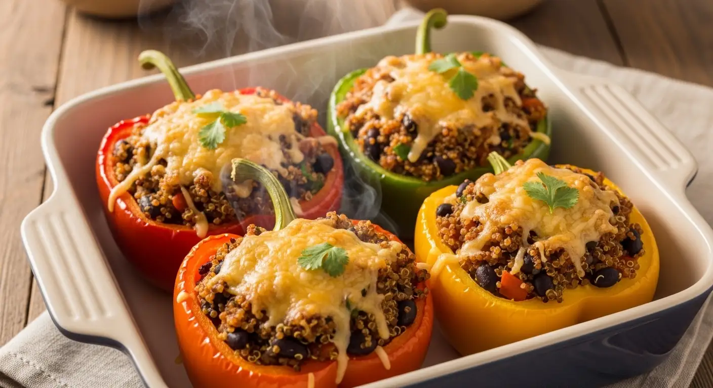 Four vibrant stuffed bell peppers filled with quinoa, black beans, and corn, topped with melted cheese and fresh cilantro.